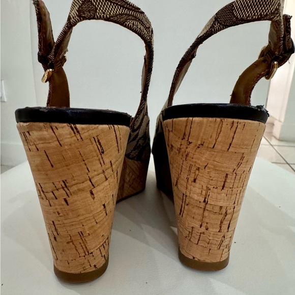 Coach Logo Print Slingback Wedge Sandals Brown Beige Black Canvas Leather 7.5B - Picture 10 of 12